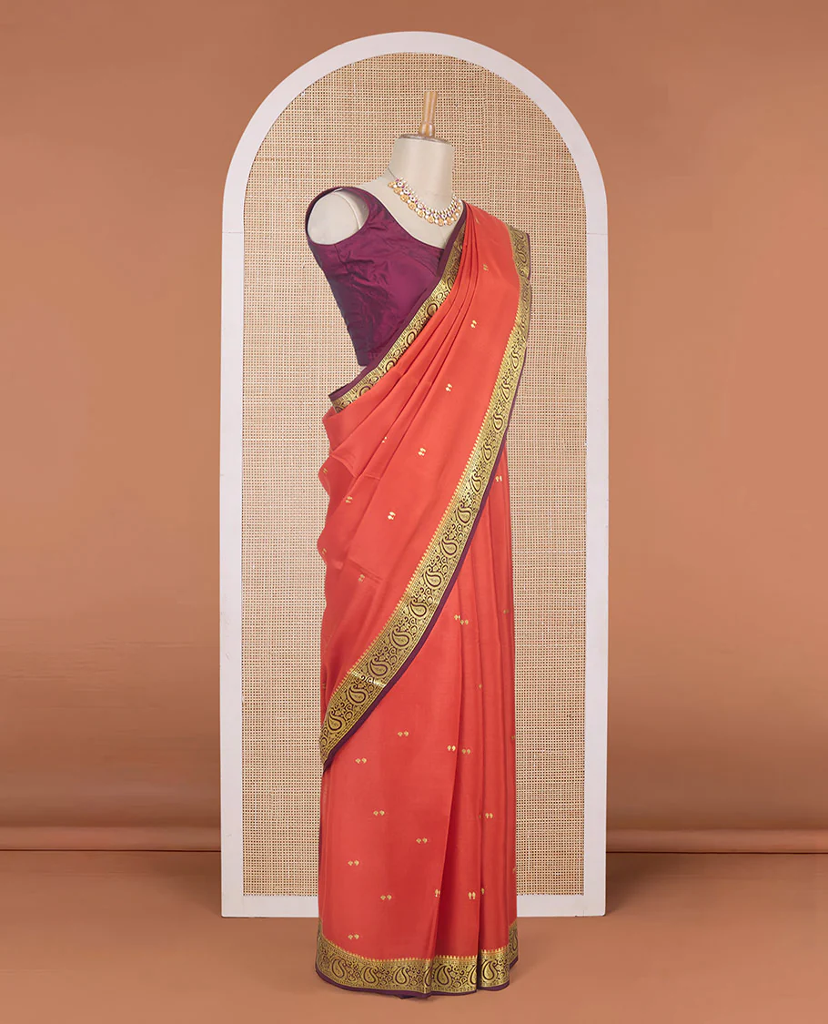 Orange zari buttas Mysore silk saree, contrast temple paisley zari border & zig-zag stripes woven pallu