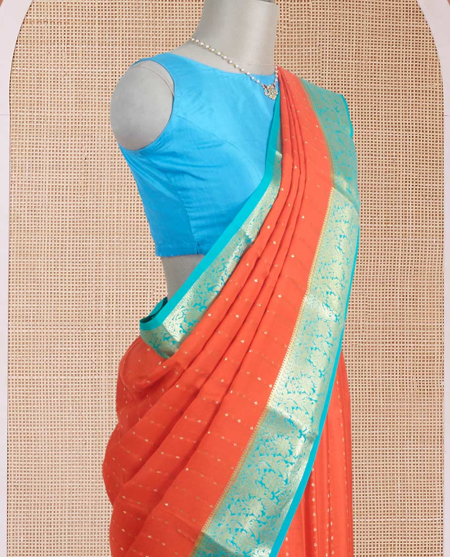 Orange zari buttas Mysore silk saree, contrast traditional zari border, and jaal pallu - Image 3