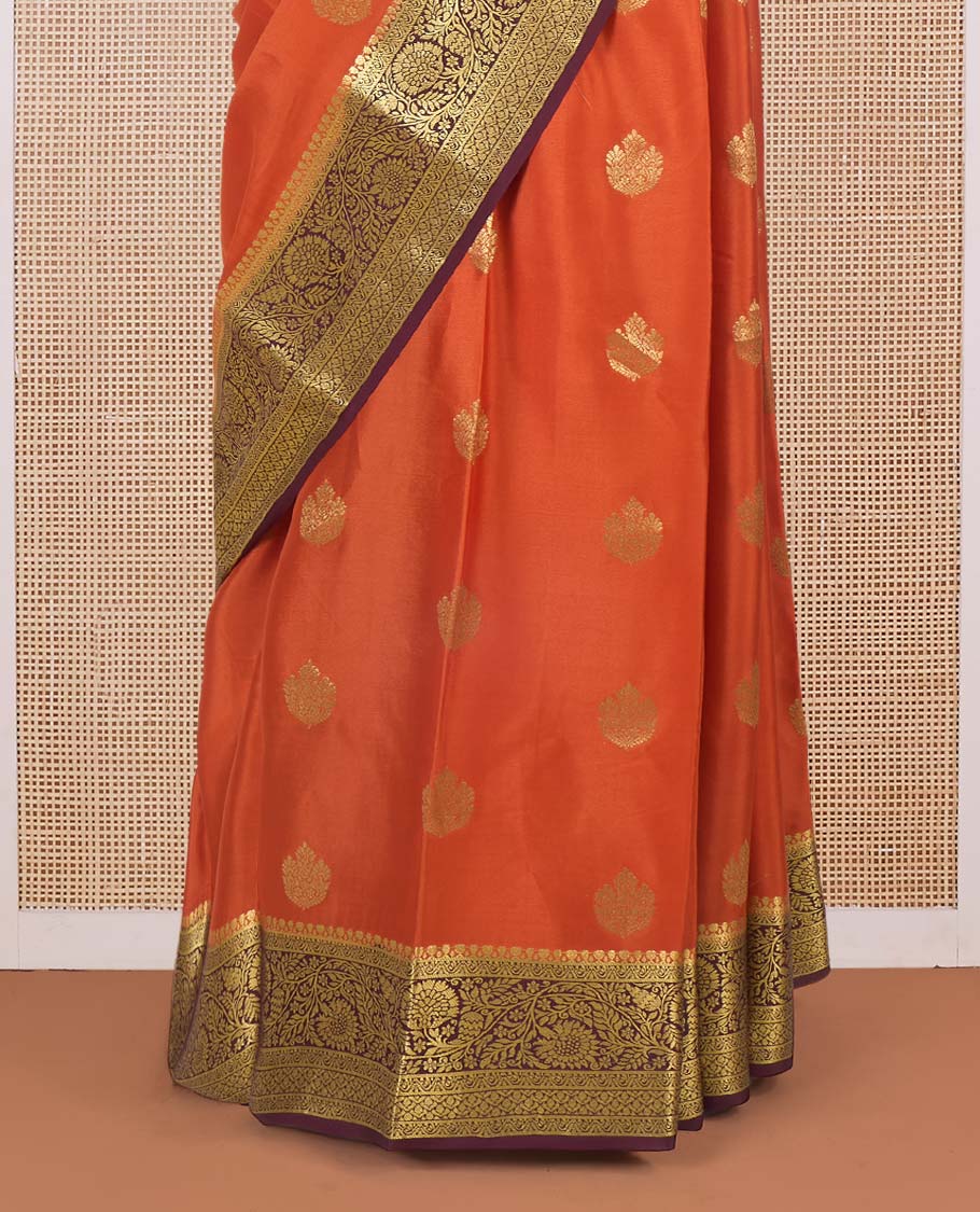 Orange zari buttas Mysore silk saree, contrast traditional zari design border, and intricate paisleys pallu - Image 4