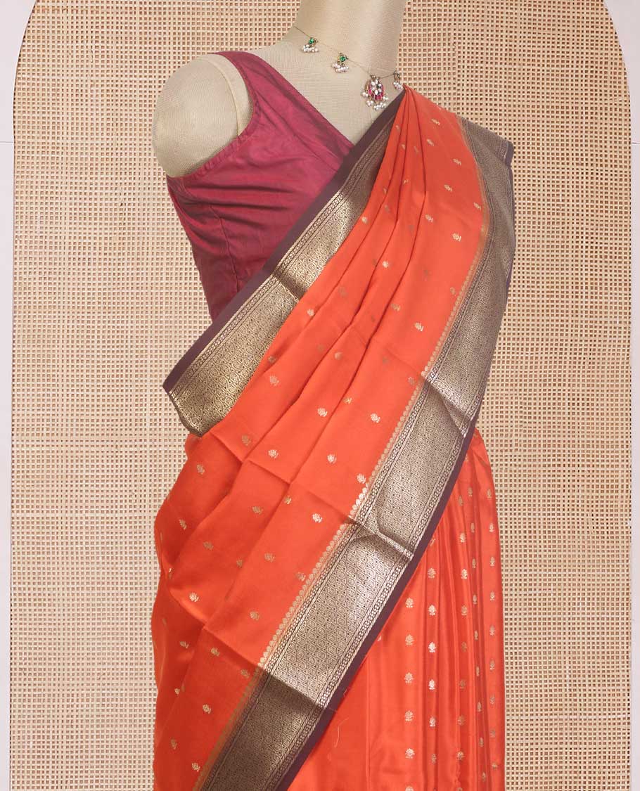 Orange zari buttas Mysore silk saree, contrast traditional zari design border, and jaal pallu - Image 3
