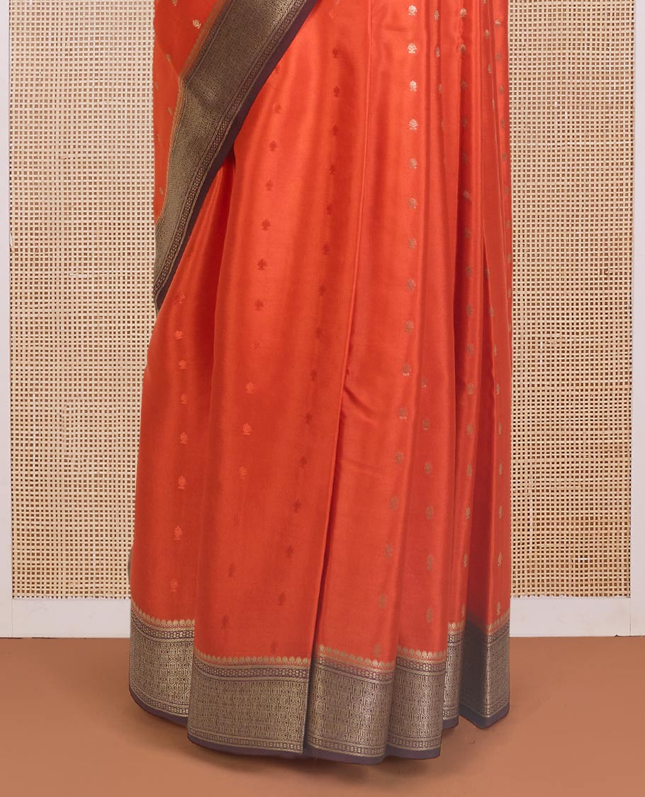 Orange zari buttas Mysore silk saree, contrast traditional zari design border, and jaal pallu - Image 4