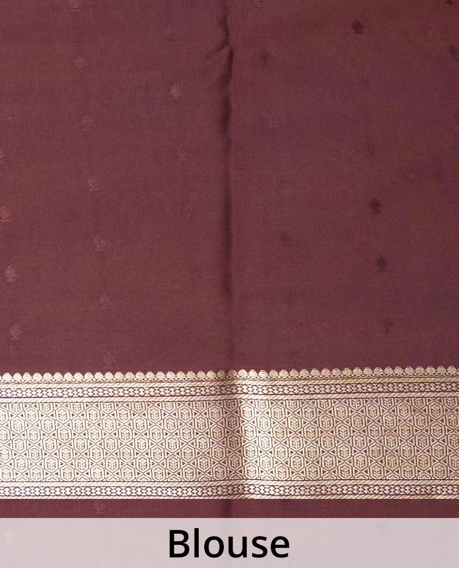 Orange zari buttas Mysore silk saree, contrast traditional zari design border, and jaal pallu - Image 5