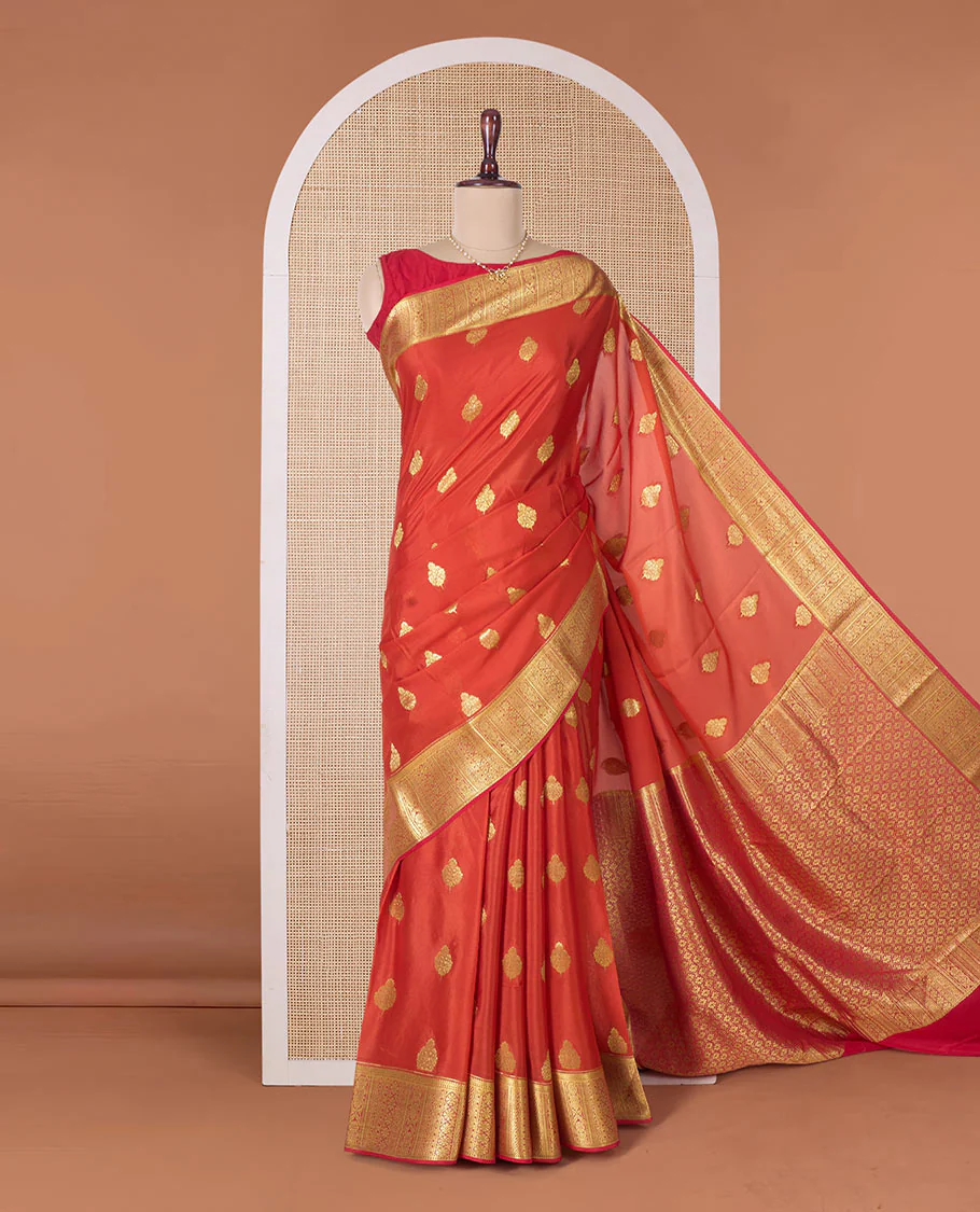 Orange zari buttas Mysore silk saree, traditional zari border, and ogee patterned pallu - Image 2