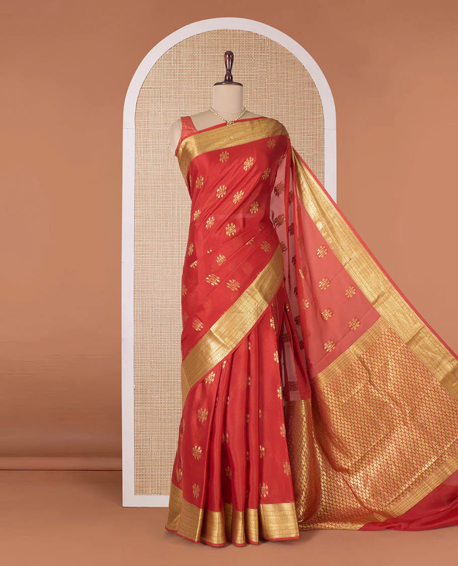 Orange zari buttas Mysore silk saree, traditional zari border, and pallu of jaal design - Image 2