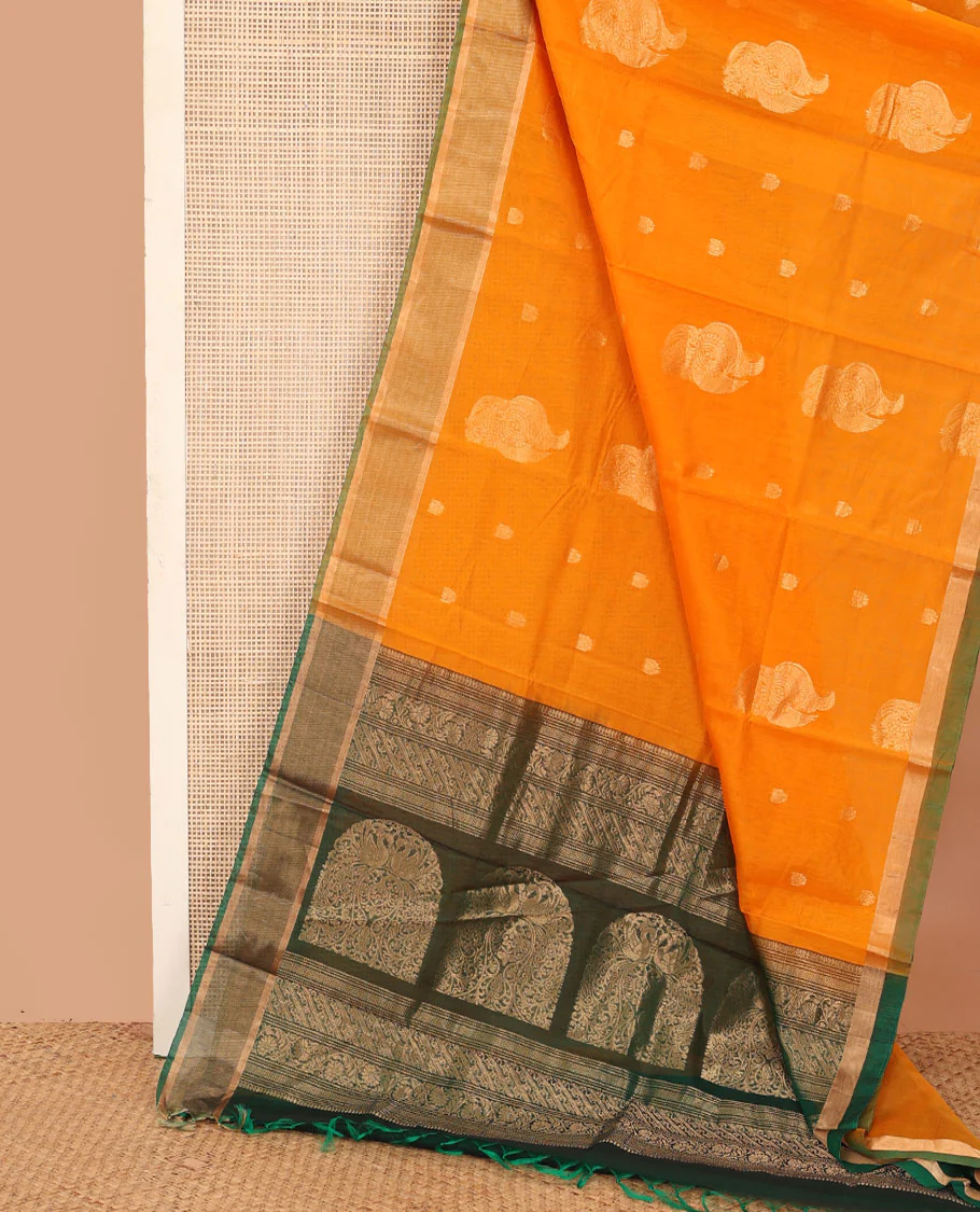 Orange zari buttas silk cotton saree, contrast bavanji border, and contrast floral design pallu - Image 2