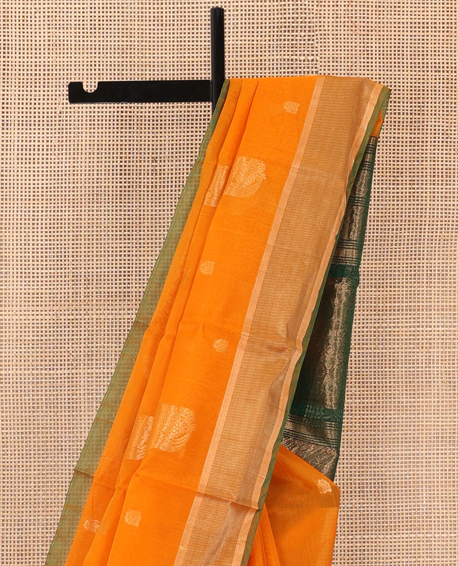 Orange zari buttas silk cotton saree, contrast bavanji border, and contrast floral design pallu - Image 3