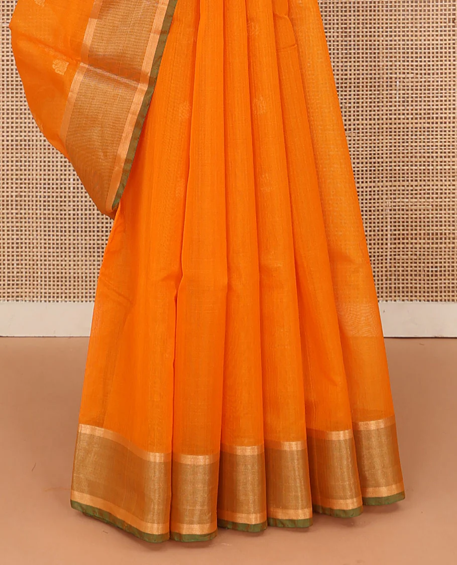 Orange zari buttas silk cotton saree, contrast bavanji border, and contrast floral design pallu - Image 4
