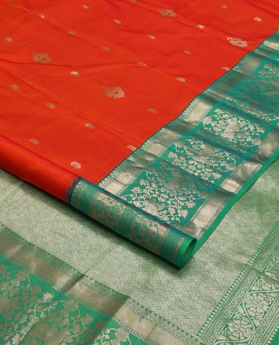 Orange zari buttas Vasundhara silk saree, contrast border of thilakam mokku,banaras,zari stripes,kodi visiry & pichwai cow designs & jaal pallu - Image 2