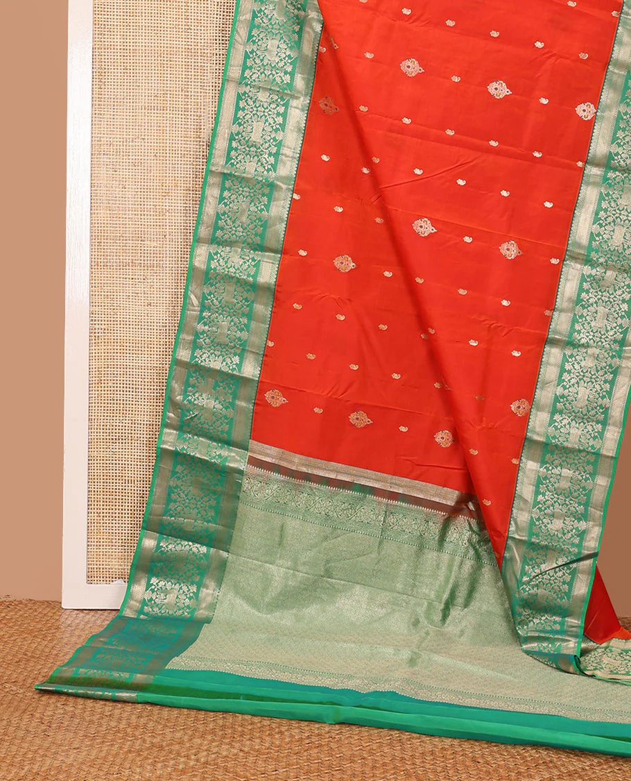 Orange zari buttas Vasundhara silk saree, contrast border of thilakam mokku,banaras,zari stripes,kodi visiry & pichwai cow designs & jaal pallu - Image 3