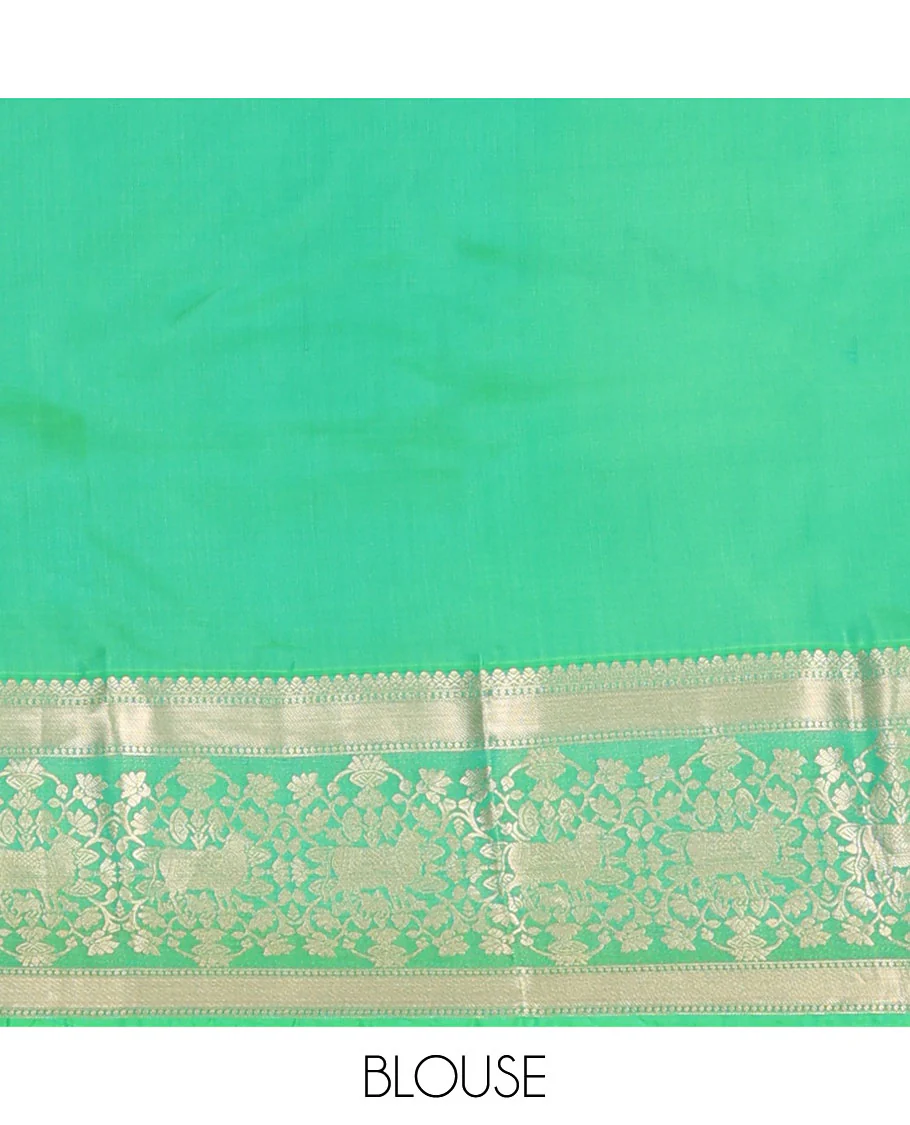 Orange zari buttas Vasundhara silk saree, contrast border of thilakam mokku,banaras,zari stripes,kodi visiry & pichwai cow designs & jaal pallu - Image 6