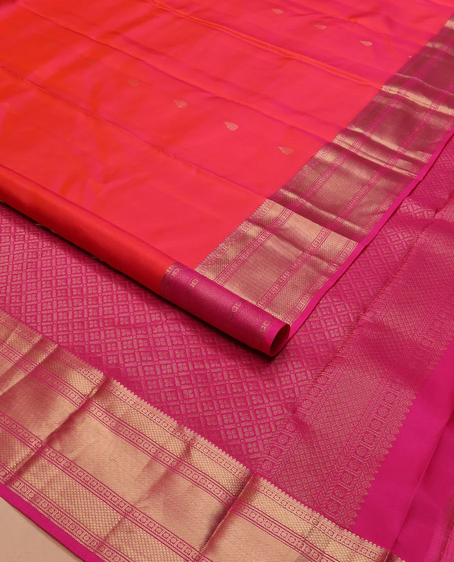 Orange zari buttas Vasundhara silk saree, contrast border of thilakam, poun, mayil kann, and banaras designs, and jaal pallu - Image 2