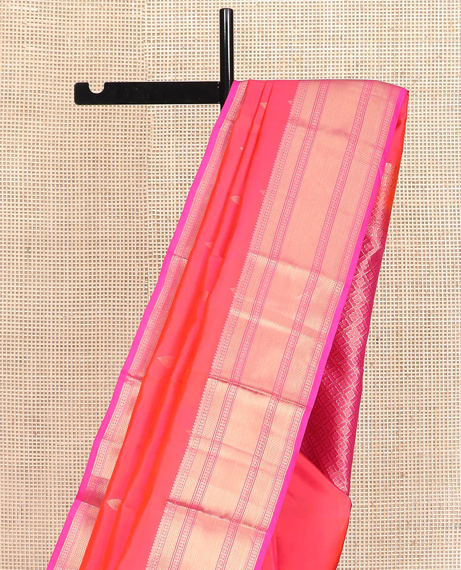 Orange zari buttas Vasundhara silk saree, contrast border of thilakam, poun, mayil kann, and banaras designs, and jaal pallu - Image 3