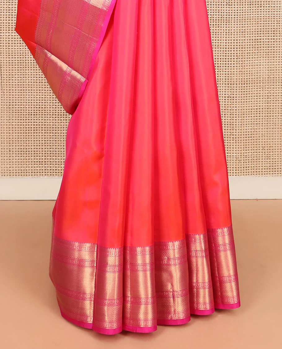 Orange zari buttas Vasundhara silk saree, contrast border of thilakam, poun, mayil kann, and banaras designs, and jaal pallu - Image 4