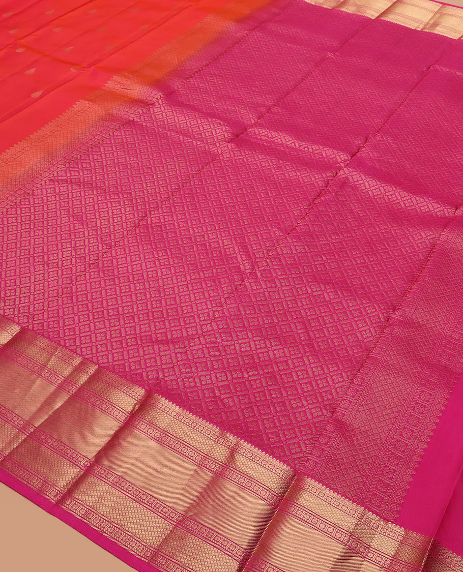 Orange zari buttas Vasundhara silk saree, contrast border of thilakam, poun, mayil kann, and banaras designs, and jaal pallu - Image 5