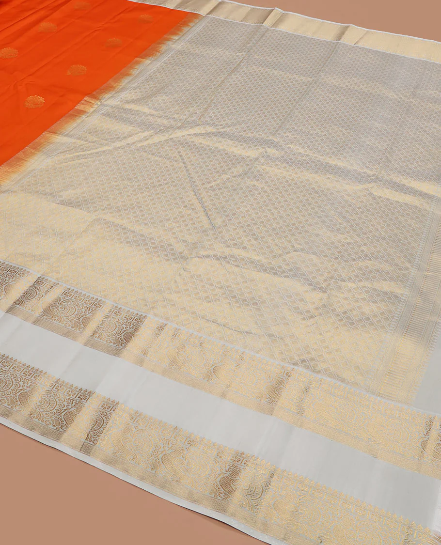 Orange zari buttas Vasundhara silk saree, contrast rettai pettu border of thilakam mokku, kamalam, and mayil designs, and jaal pallu - Image 5