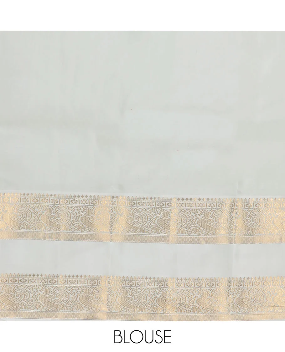 Orange zari buttas Vasundhara silk saree, contrast rettai pettu border of thilakam mokku, kamalam, and mayil designs, and jaal pallu - Image 6