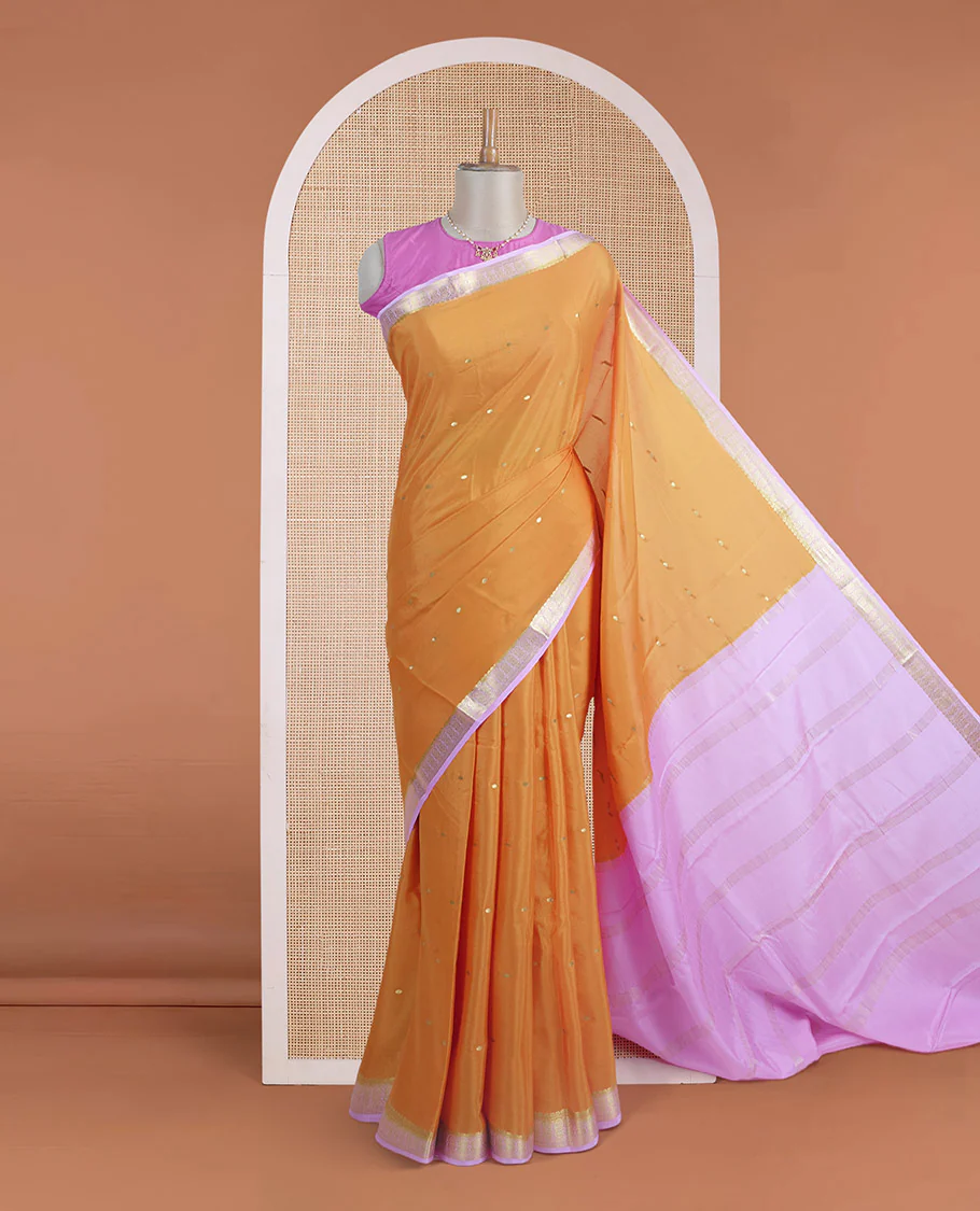 Orange zari buttas steeped Mysore silk saree, contrast traditional zari border, and pallu of zari stripes - Image 2