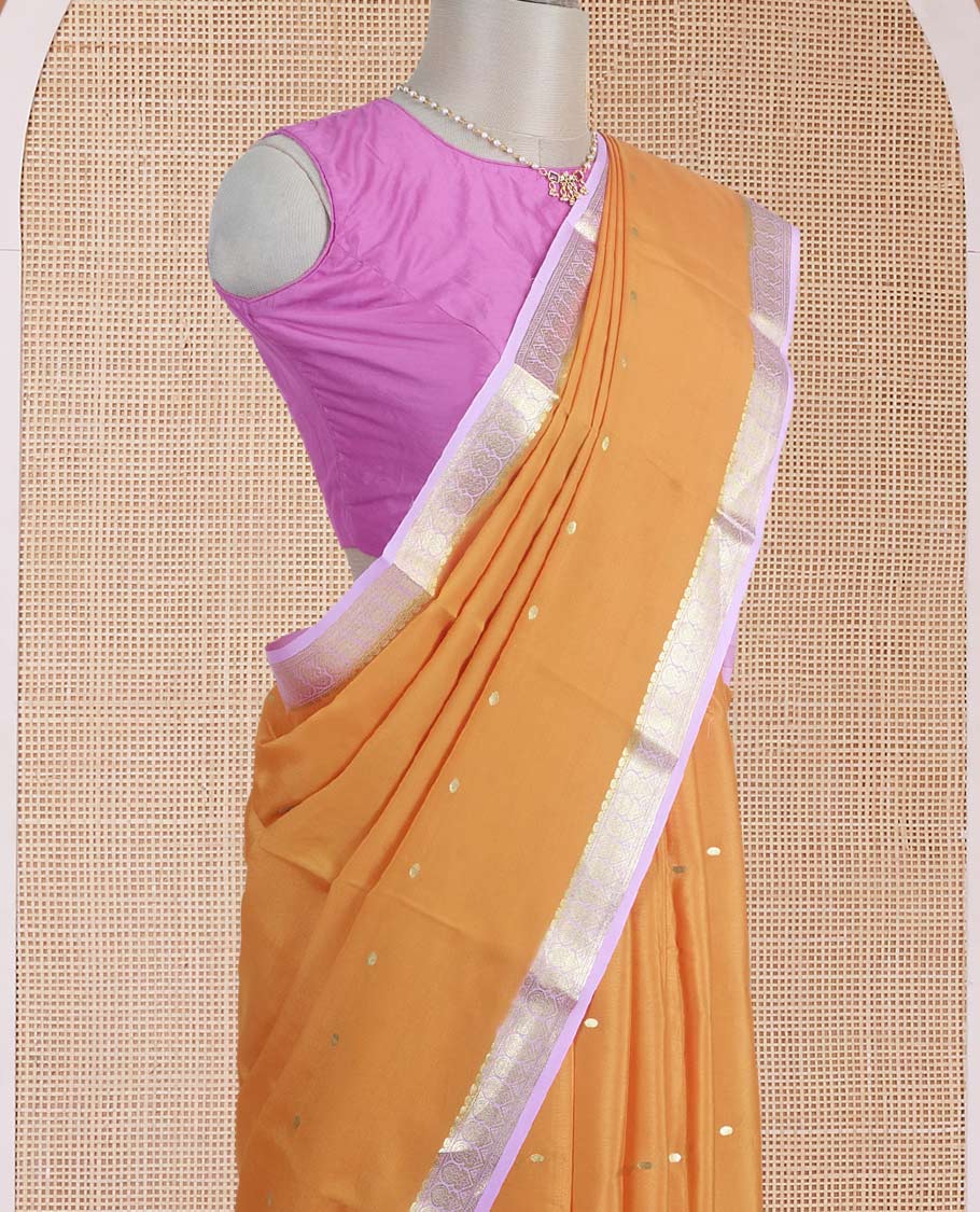 Orange zari buttas steeped Mysore silk saree, contrast traditional zari border, and pallu of zari stripes - Image 3