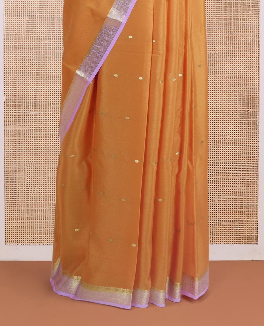 Orange zari buttas steeped Mysore silk saree, contrast traditional zari border, and pallu of zari stripes - Image 4