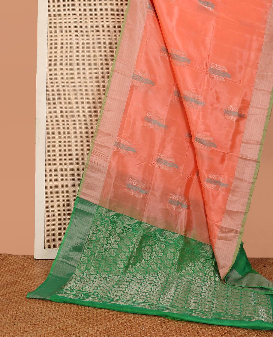 Orange zari buttas Uppada saree, contrast bavanji border, and paisley pallu - Image 2