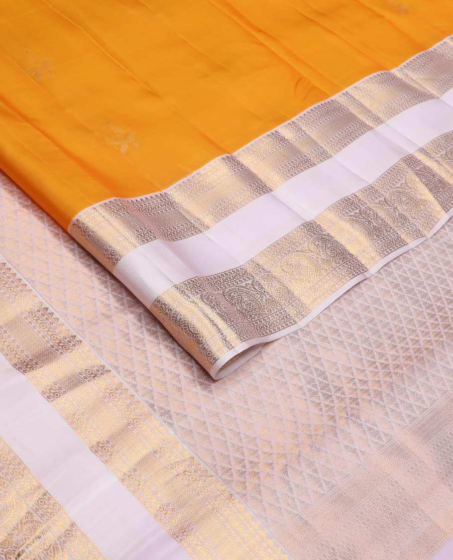 Orange zari buttas Vasundhara Lite Silk Mix Saree, contrast rettai pettu border of rekku, cross kamalam, and manga designs - Image 2