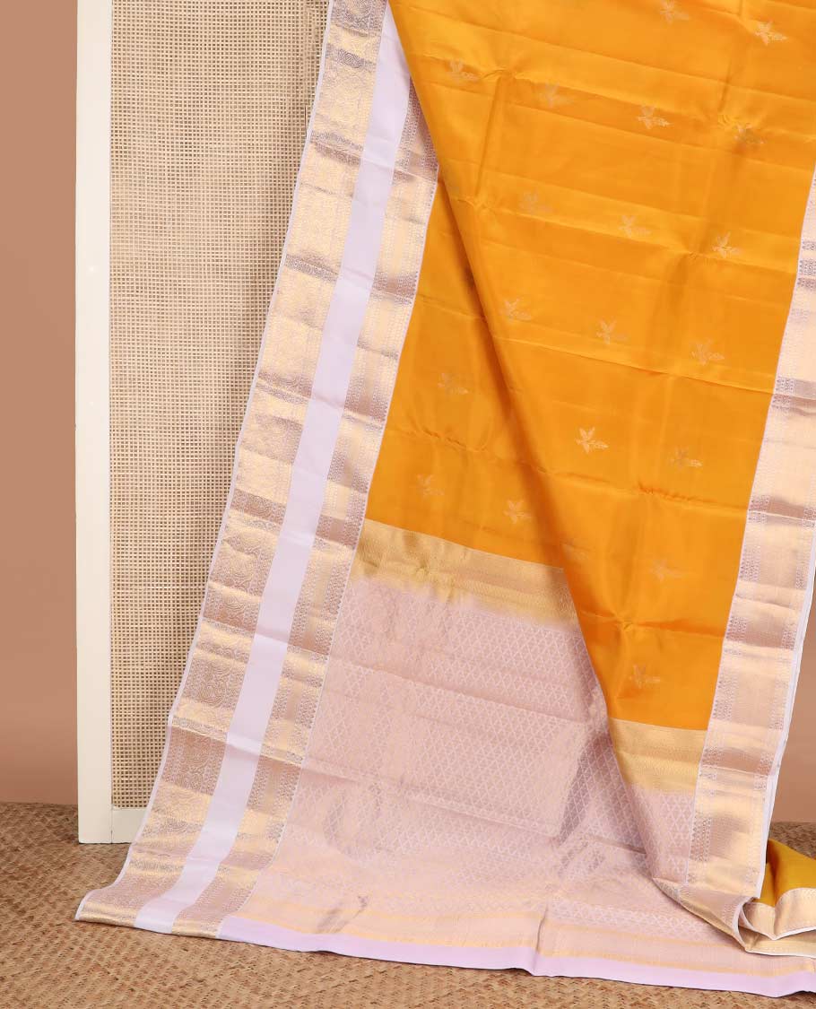 Orange zari buttas Vasundhara Lite Silk Mix Saree, contrast rettai pettu border of rekku, cross kamalam, and manga designs - Image 3