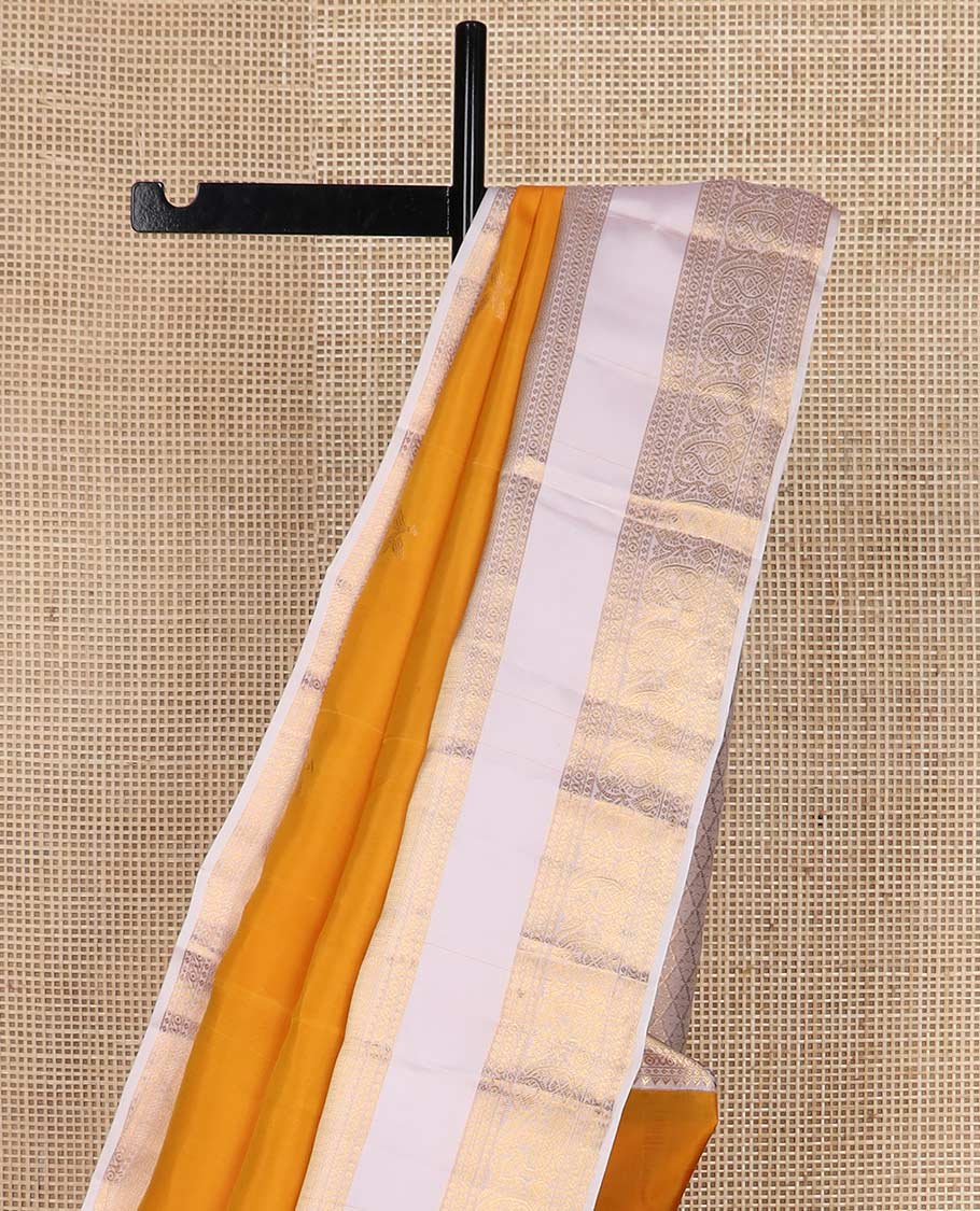 Orange zari buttas Vasundhara Lite Silk Mix Saree, contrast rettai pettu border of rekku, cross kamalam, and manga designs - Image 4
