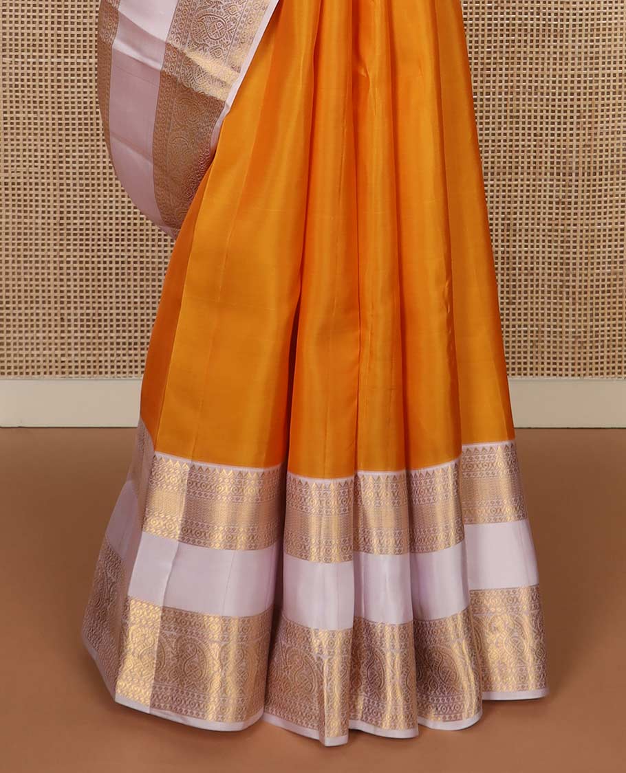 Orange zari buttas Vasundhara Lite Silk Mix Saree, contrast rettai pettu border of rekku, cross kamalam, and manga designs - Image 5