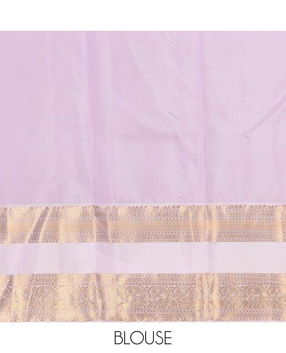 Orange zari buttas Vasundhara Lite Silk Mix Saree, contrast rettai pettu border of rekku, cross kamalam, and manga designs - Image 6