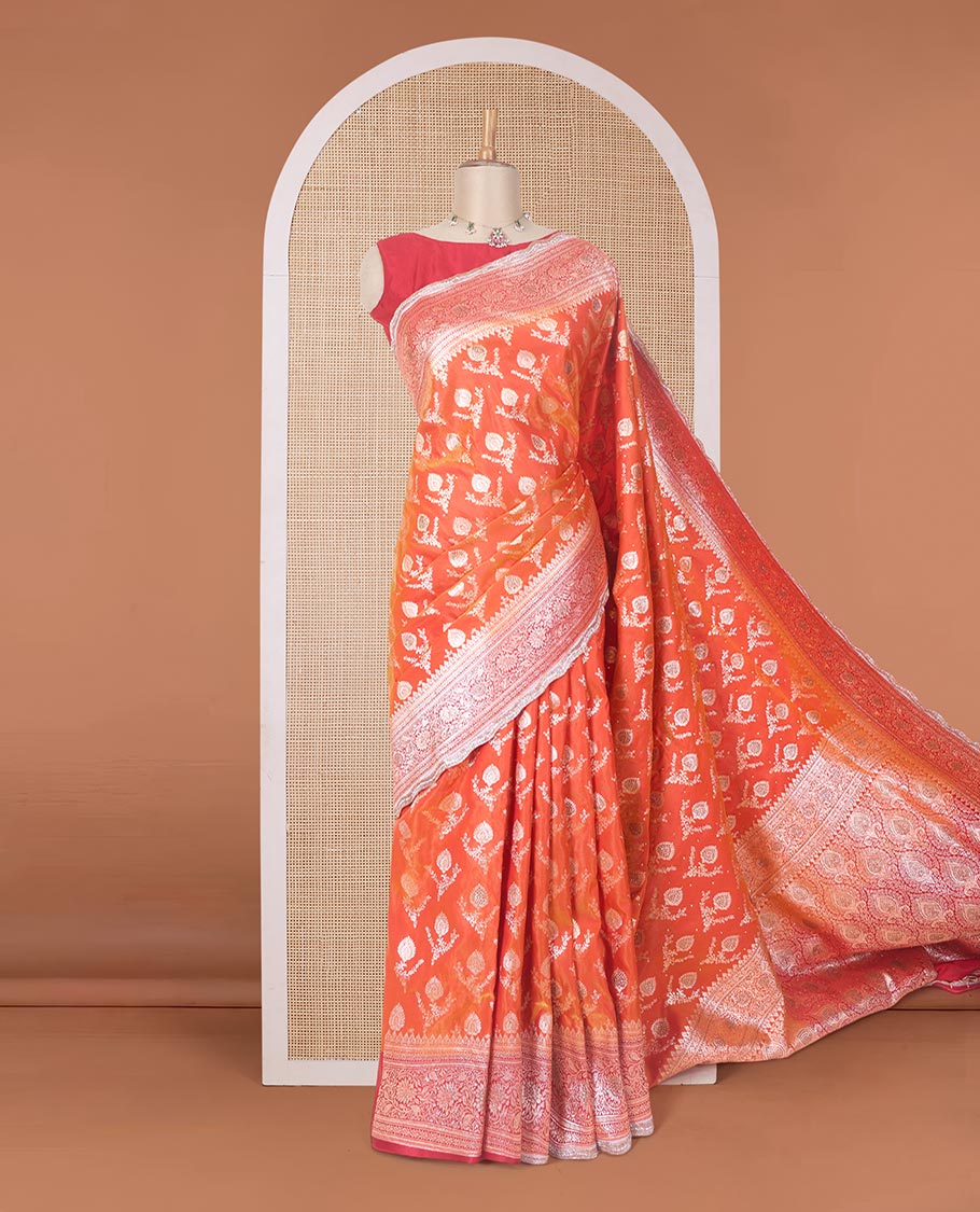 Orange zari buttas with micro stonework banaras nylon silk saree, contrast traditional zari and stonework border, and zari woven pallu with stone work - Image 2