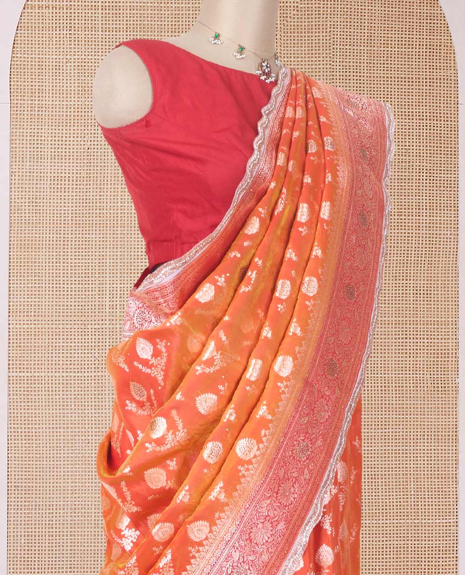 Orange zari buttas with micro stonework banaras nylon silk saree, contrast traditional zari and stonework border, and zari woven pallu with stone work - Image 3