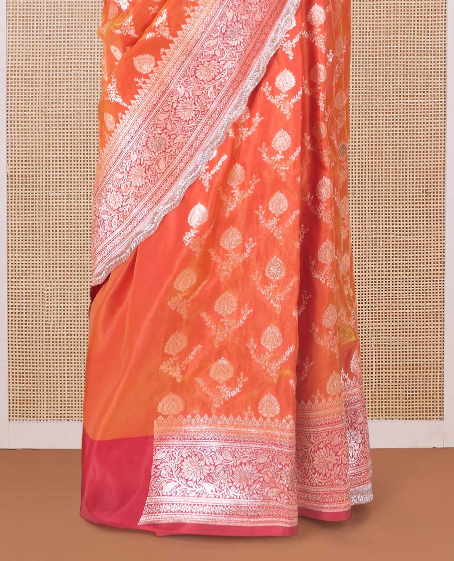 Orange zari buttas with micro stonework banaras nylon silk saree, contrast traditional zari and stonework border, and zari woven pallu with stone work - Image 4