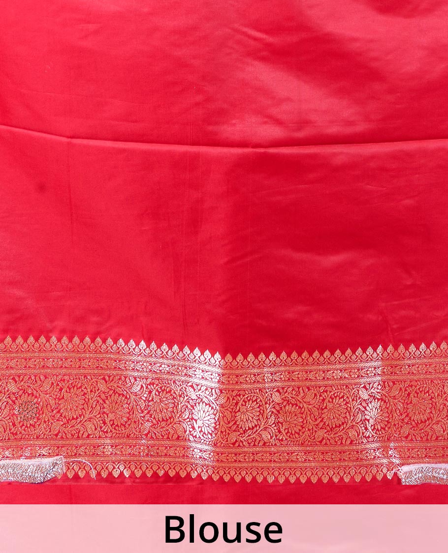 Orange zari buttas with micro stonework banaras nylon silk saree, contrast traditional zari and stonework border, and zari woven pallu with stone work - Image 5
