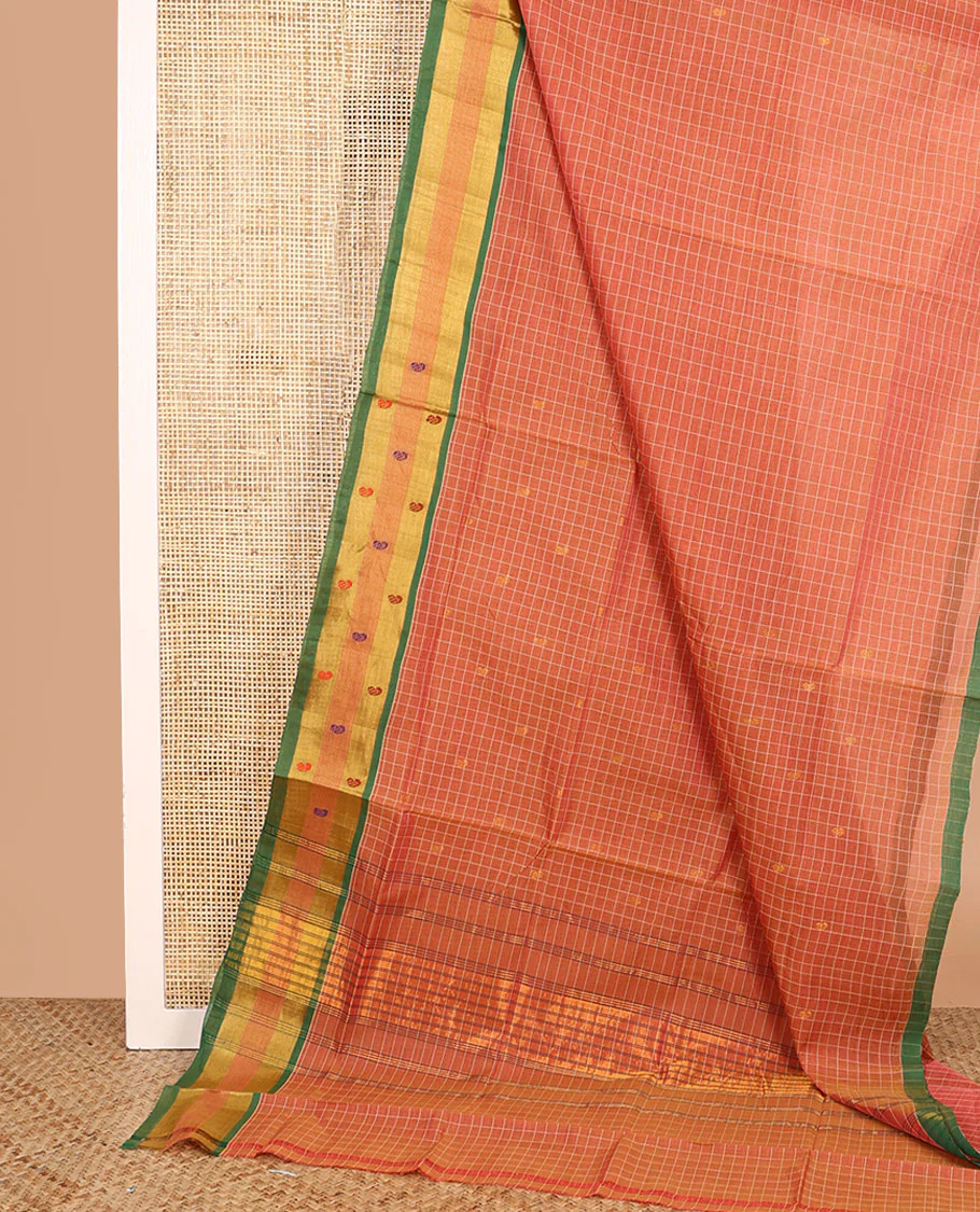 Orange zari checked and buttas Venkatagiri cotton saree, contrast zari and thread border, and striped pallu - Image 2