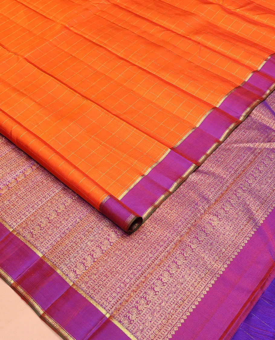 Orange zari checked Kanchipuram silk saree, contrast zari striped border, and pallu of manga kodi, laddu kamalam, and mayil designs - Image 2