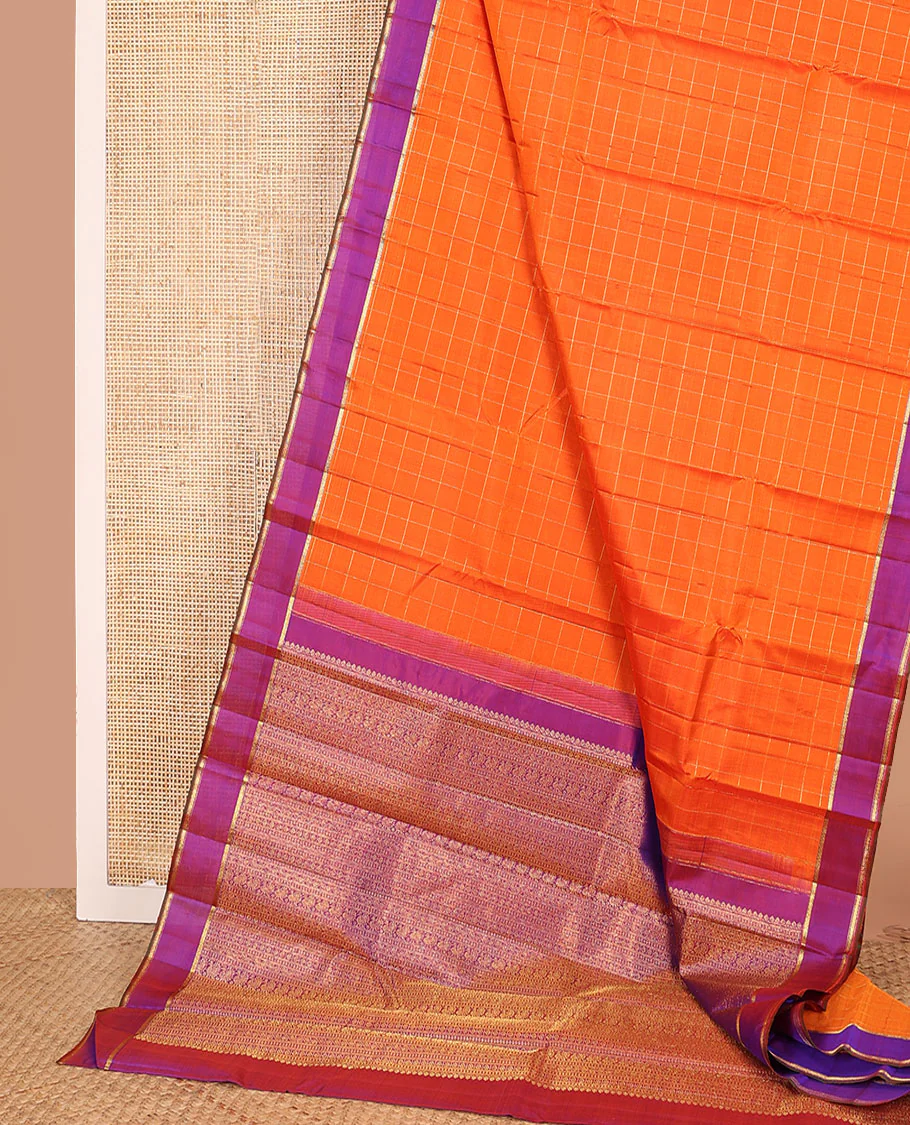 Orange zari checked Kanchipuram silk saree, contrast zari striped border, and pallu of manga kodi, laddu kamalam, and mayil designs - Image 3