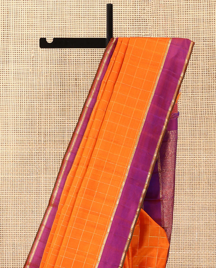 Orange zari checked Kanchipuram silk saree, contrast zari striped border, and pallu of manga kodi, laddu kamalam, and mayil designs - Image 4