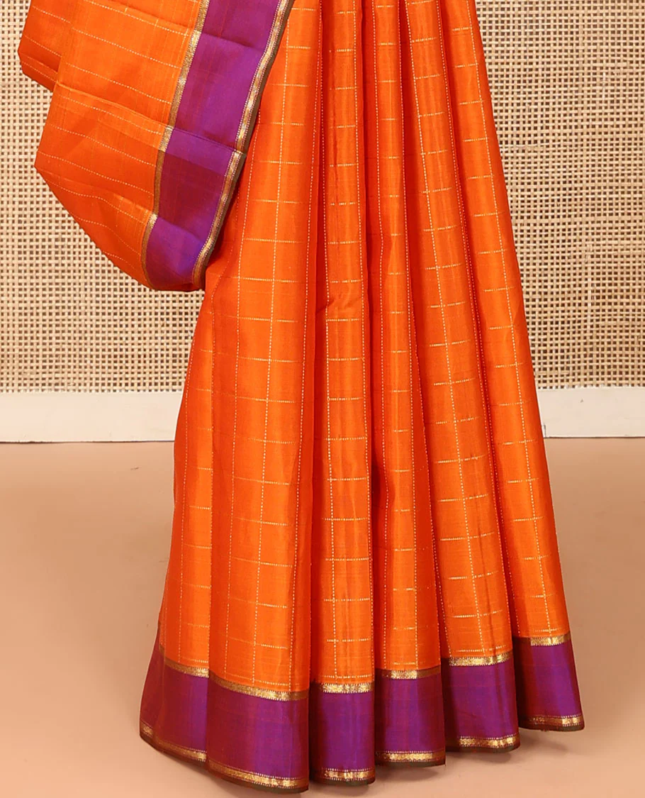 Orange zari checked Kanchipuram silk saree, contrast zari striped border, and pallu of manga kodi, laddu kamalam, and mayil designs - Image 5