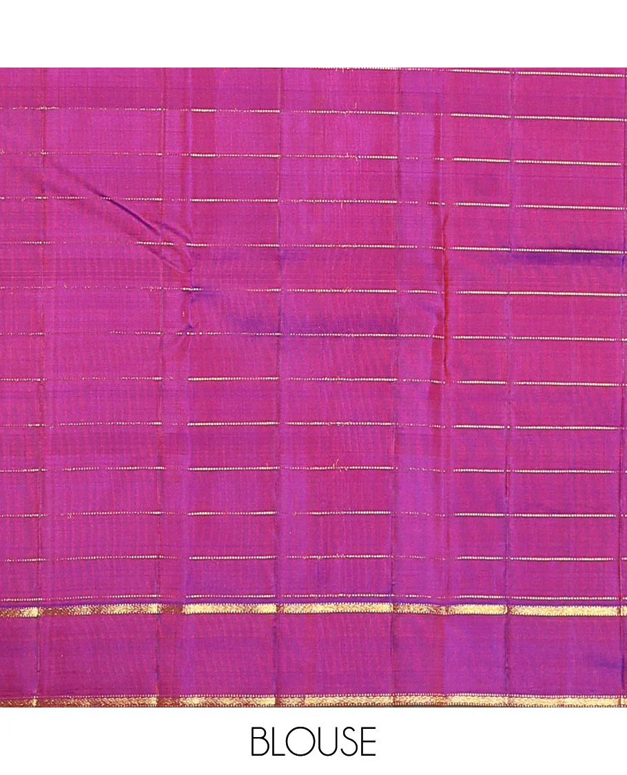Orange zari checked Kanchipuram silk saree, contrast zari striped border, and pallu of manga kodi, laddu kamalam, and mayil designs - Image 6
