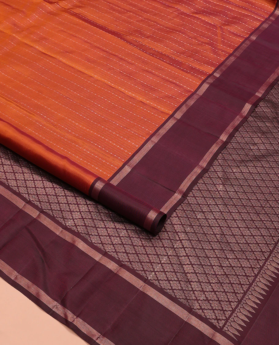 Orange zari design Kanchipuram silk saree, contrast rettai pettu zari striped border, and jaal patterned pallu - Image 2