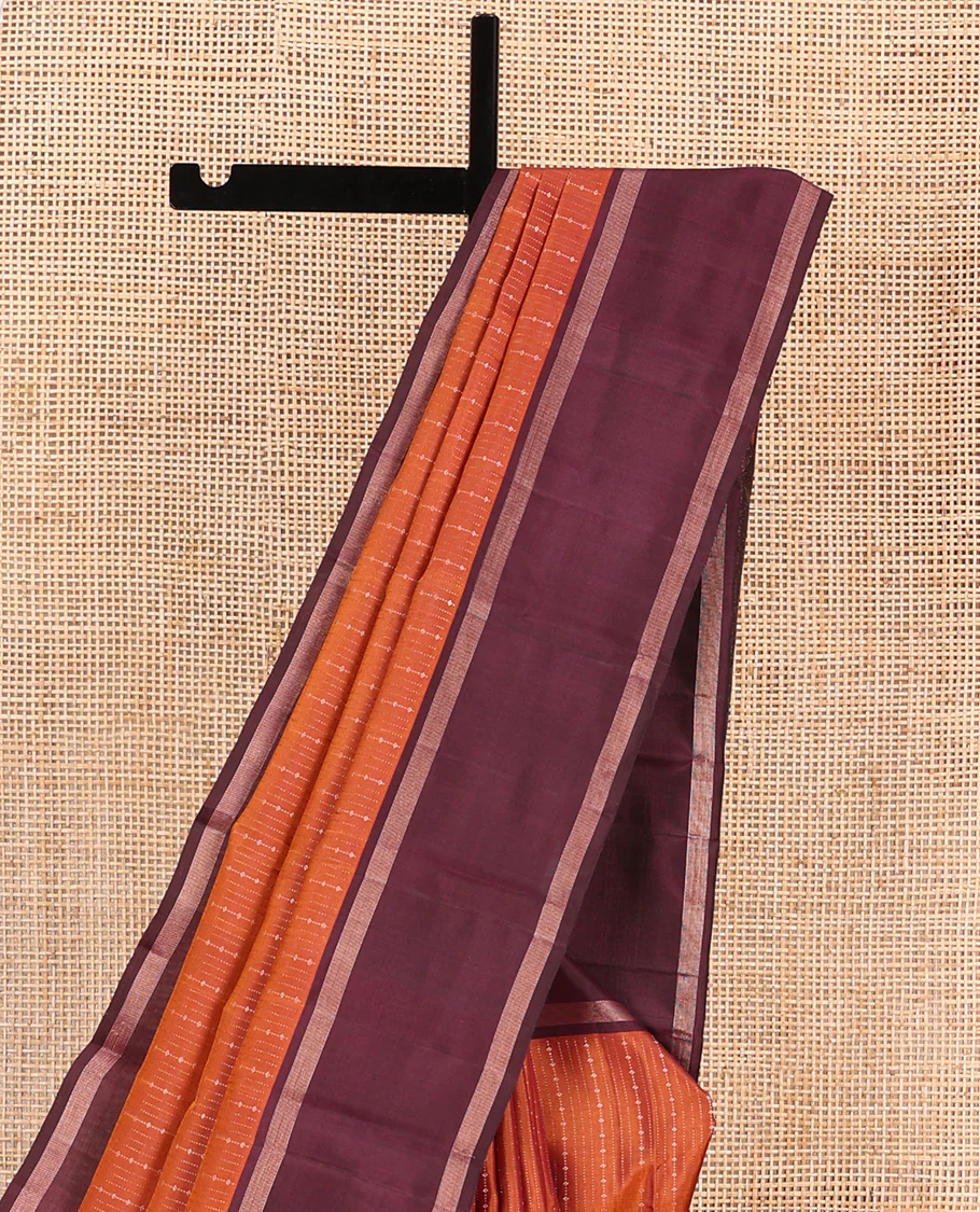 Orange zari design Kanchipuram silk saree, contrast rettai pettu zari striped border, and jaal patterned pallu - Image 3