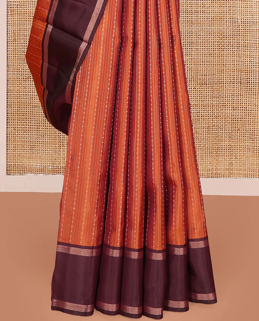 Orange zari design Kanchipuram silk saree, contrast rettai pettu zari striped border, and jaal patterned pallu - Image 4