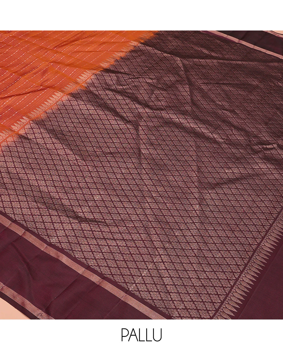 Orange zari design Kanchipuram silk saree, contrast rettai pettu zari striped border, and jaal patterned pallu - Image 5
