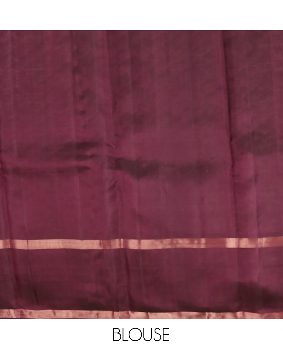 Orange zari design Kanchipuram silk saree, contrast rettai pettu zari striped border, and jaal patterned pallu - Image 6