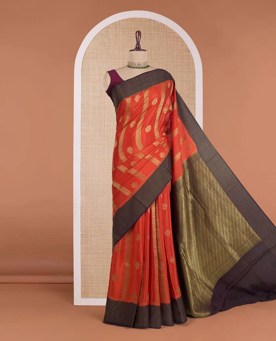 Orange zari design Mysore silk saree, contrast micro-checked border, and pallu of diagonal stripes - Image 2