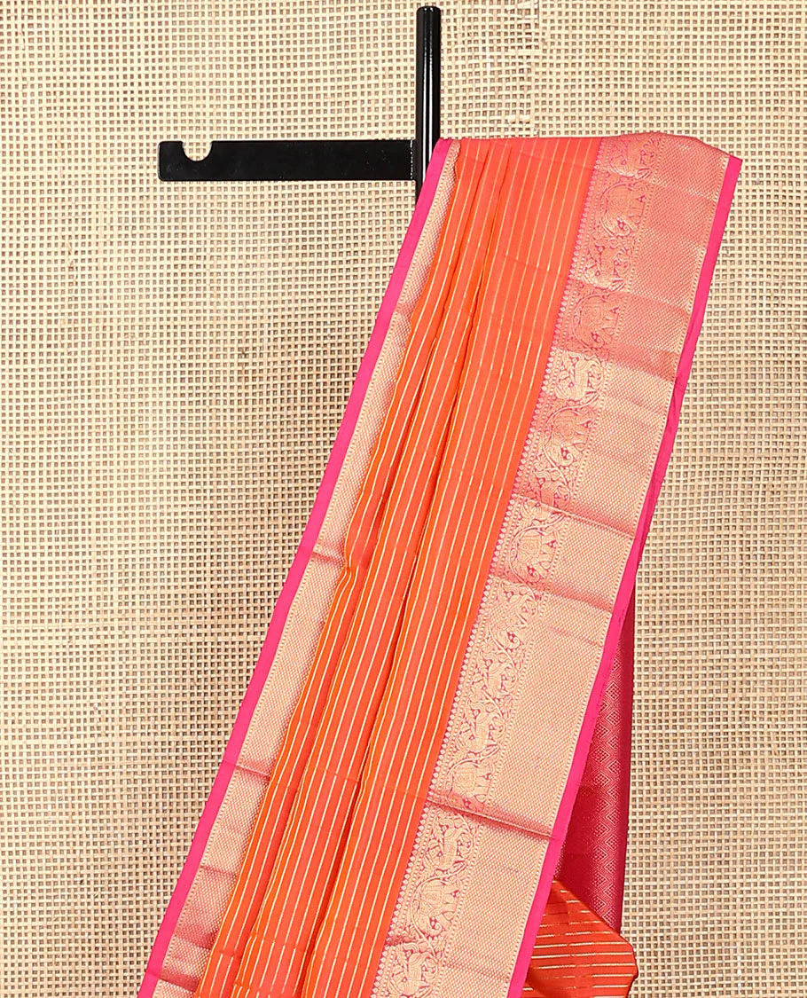 Orange zari striped Vasundhara silk saree, contrast border of thilakam mokku, yaanai, kuthirai, and kuyil kann designs, and jaal pallu - Image 3