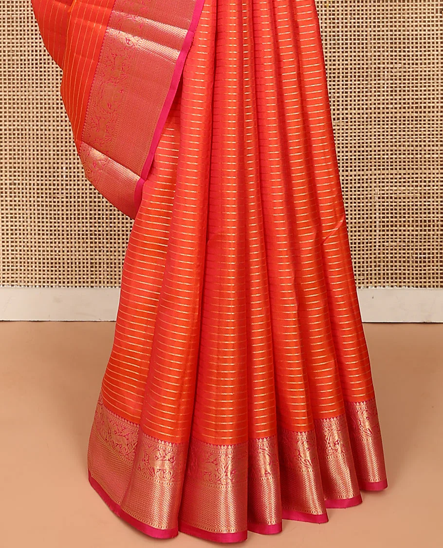Orange zari striped Vasundhara silk saree, contrast border of thilakam mokku, yaanai, kuthirai, and kuyil kann designs, and jaal pallu - Image 4