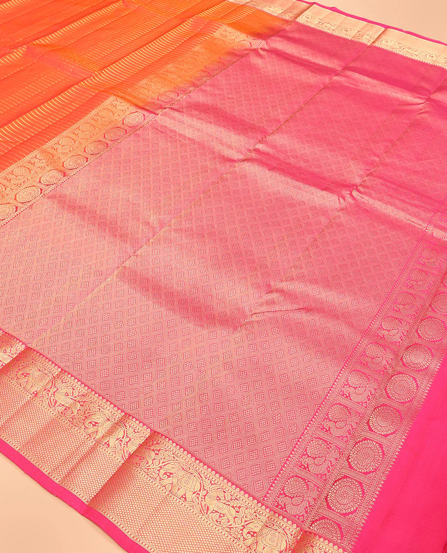 Orange zari striped Vasundhara silk saree, contrast border of thilakam mokku, yaanai, kuthirai, and kuyil kann designs, and jaal pallu - Image 5