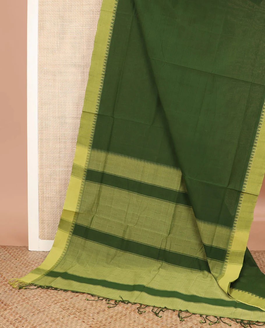 Palak Green striped Andhra cotton saree, contrast temple border, and contrast checked pallu - Image 2