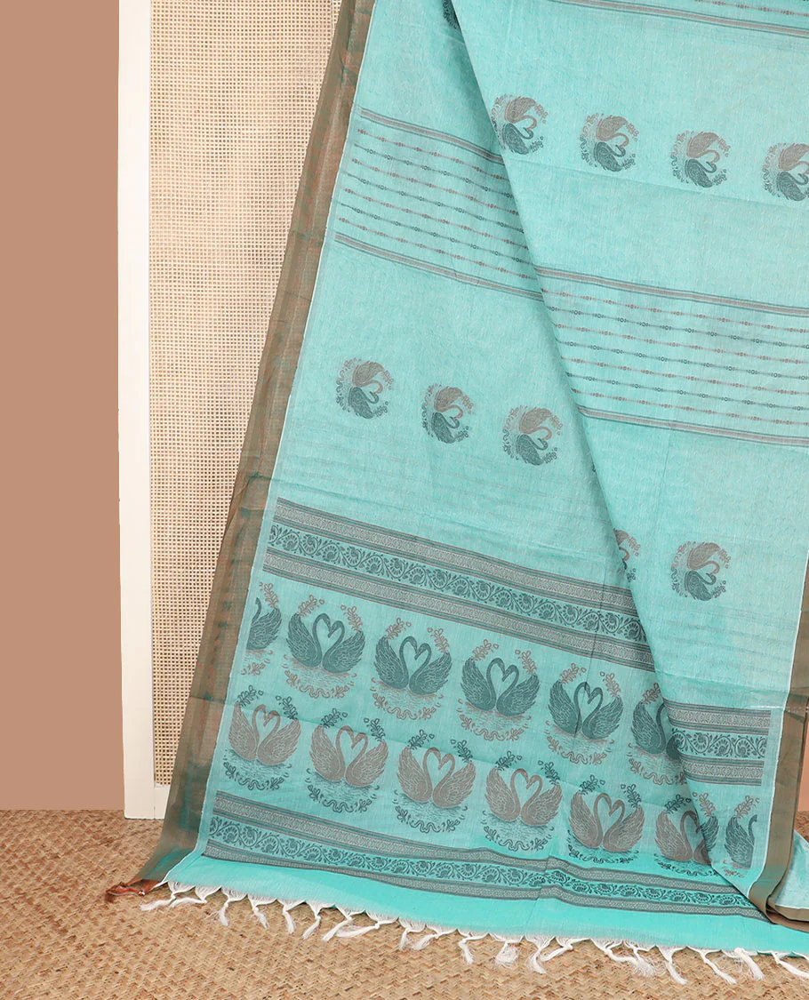 Pale blue buttas and striped coimbatore cotton saree, contrast plain border and pallu of Swan motifs - Image 2